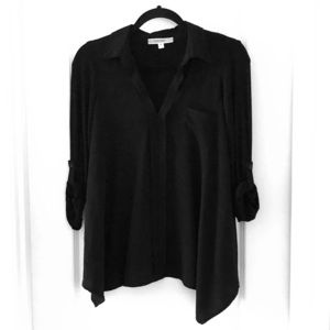 Pleione Mixed Media Blouse Roll Tab Sleeve Black